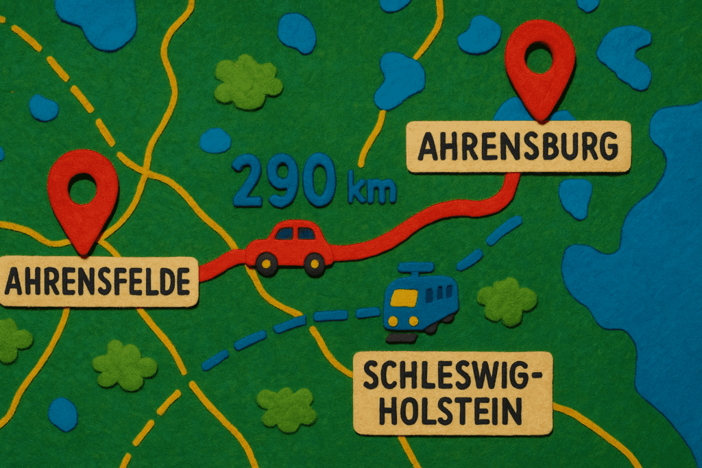 Illustrative Karte der Entfernung zwischen Ahrensfelde und Ahrensburg mit Straßen- und Zugverbindung