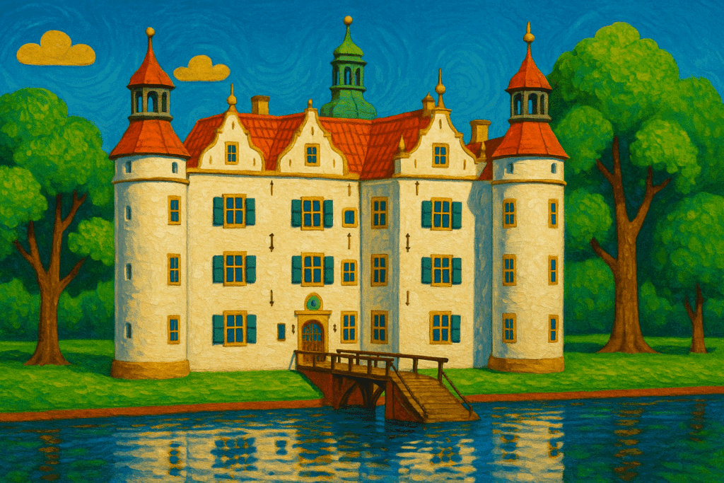 Außenansicht des Schlosses Ahrensburg bei Sonnenschein mit historischer Renaissance-Architektur in Schleswig-Holstein