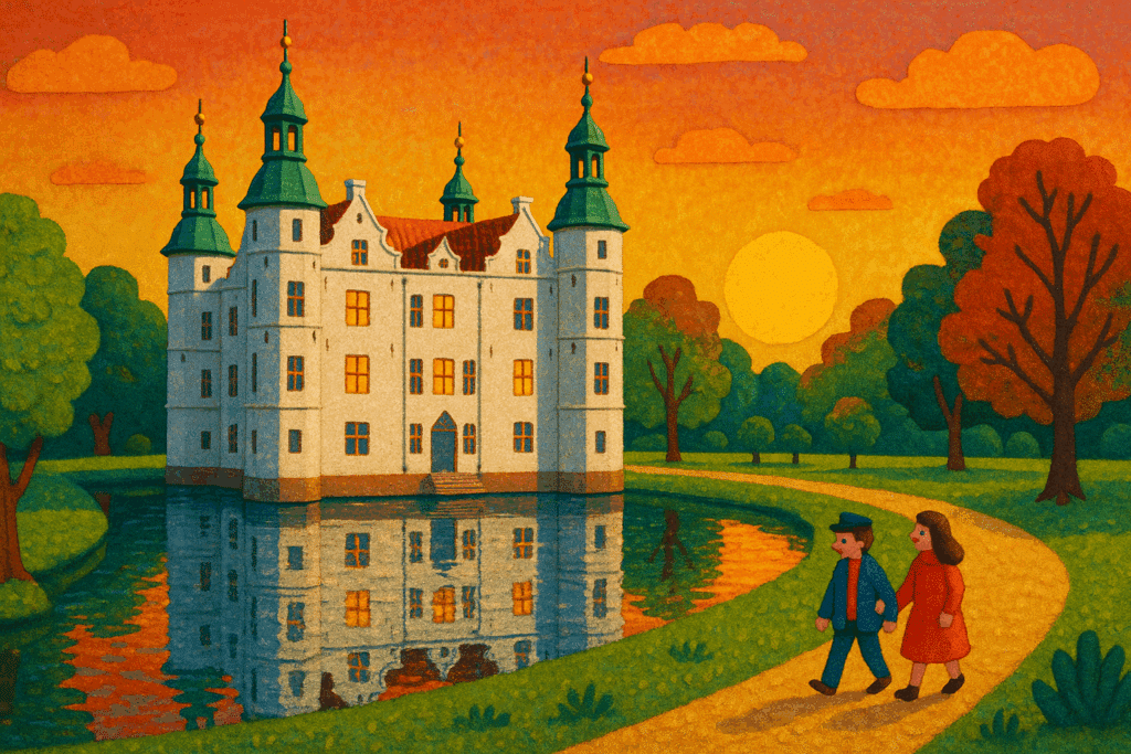 Renaissance-Schloss Ahrensburg mit Wassergraben und Parklandschaft bei Sonnenuntergang